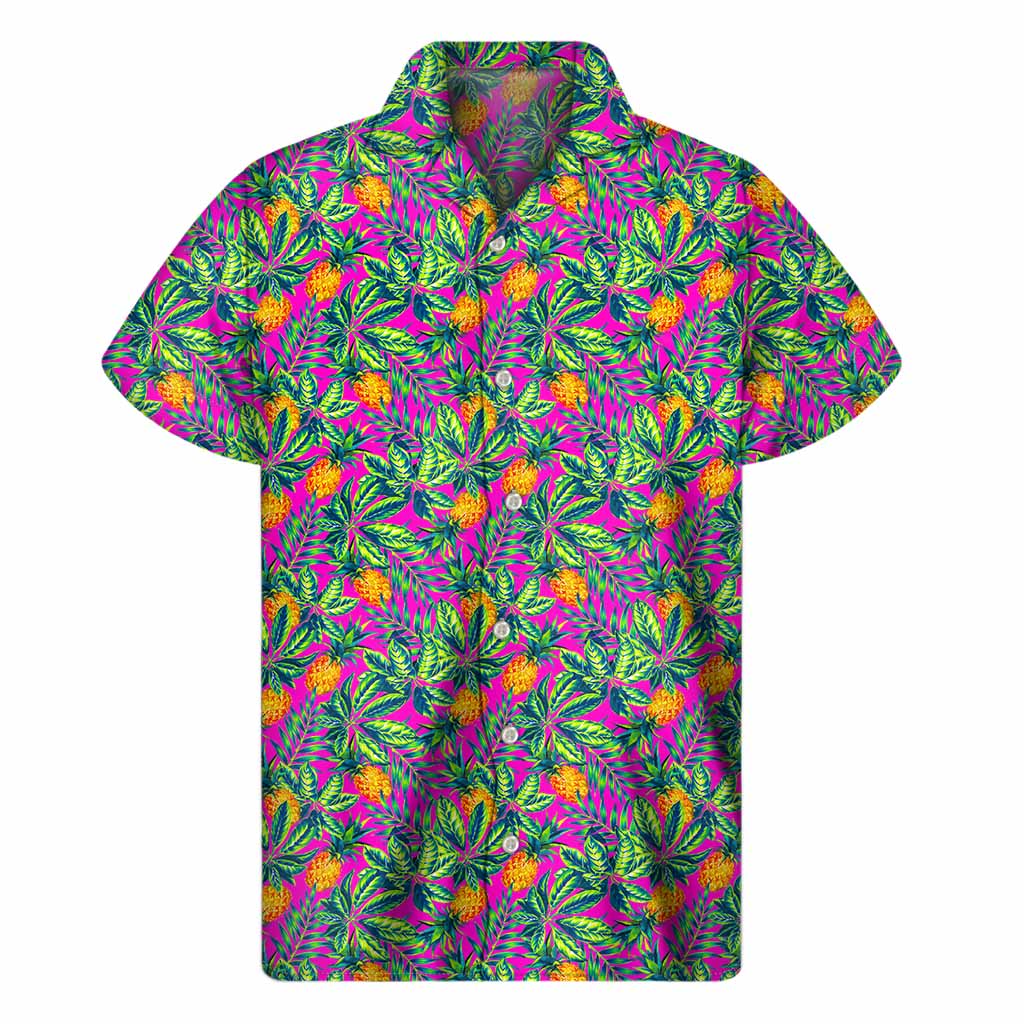Hot Purple Pineapple Pattern Print Men's Short Sleeve Shirt