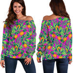 Hot Purple Pineapple Pattern Print Off Shoulder Sweatshirt GearFrost