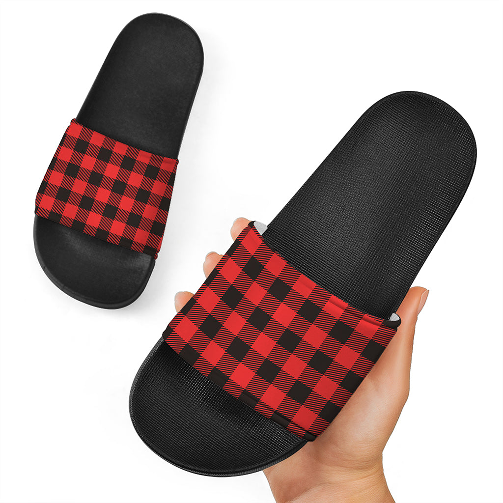 Hot Red Buffalo Plaid Print Black Slide Sandals