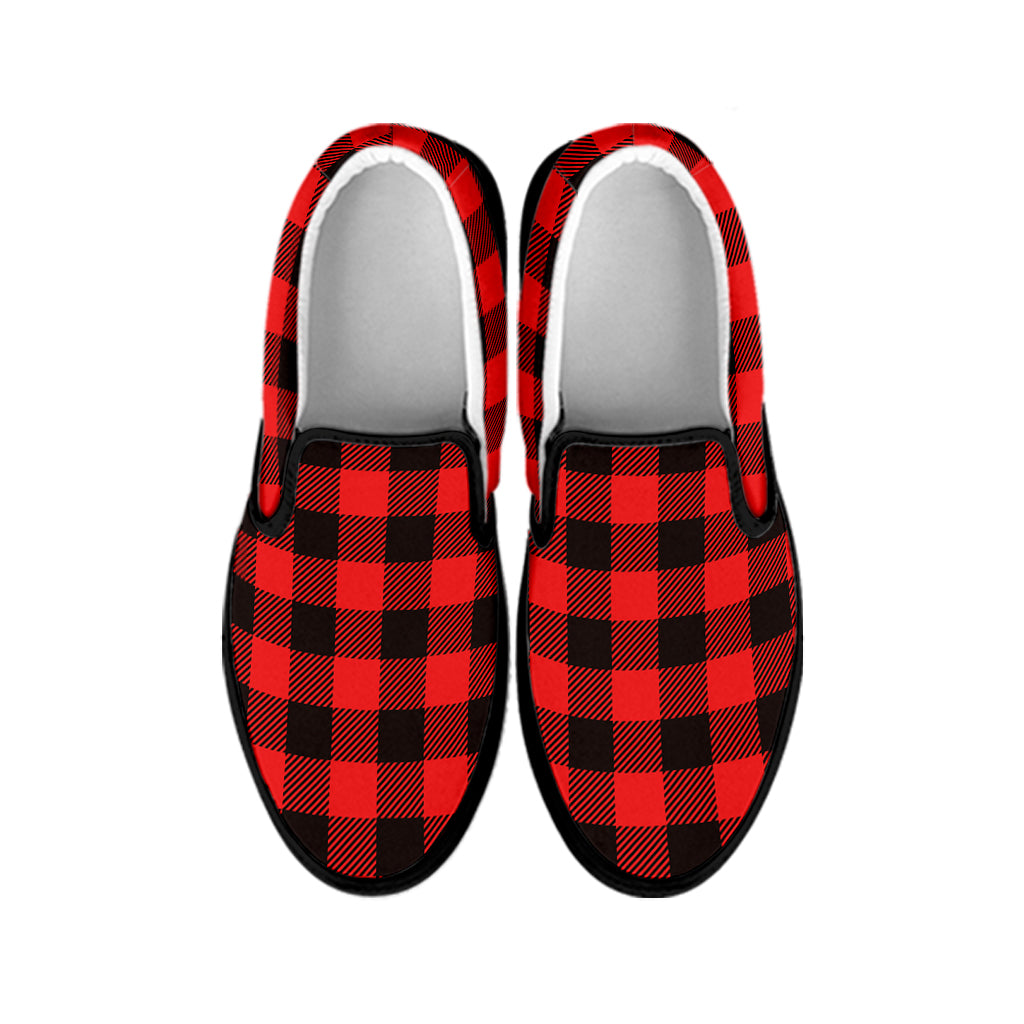 Hot Red Buffalo Plaid Print Black Slip On Shoes