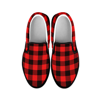 Hot Red Buffalo Plaid Print Black Slip On Shoes