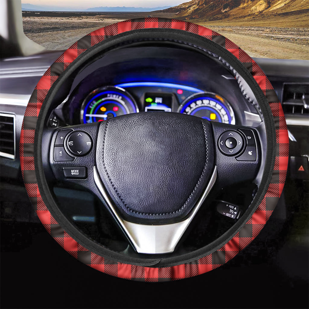 Hot Red Buffalo Plaid Print Car Steering Wheel Cover