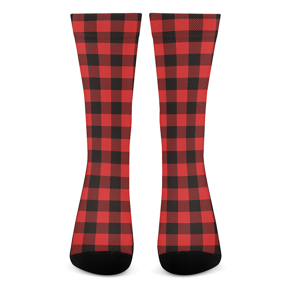 Hot Red Buffalo Plaid Print Crew Socks