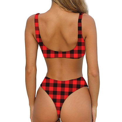 Hot Red Buffalo Plaid Print Front Bow Tie Bikini