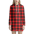 Hot Red Buffalo Plaid Print Pullover Hoodie Dress