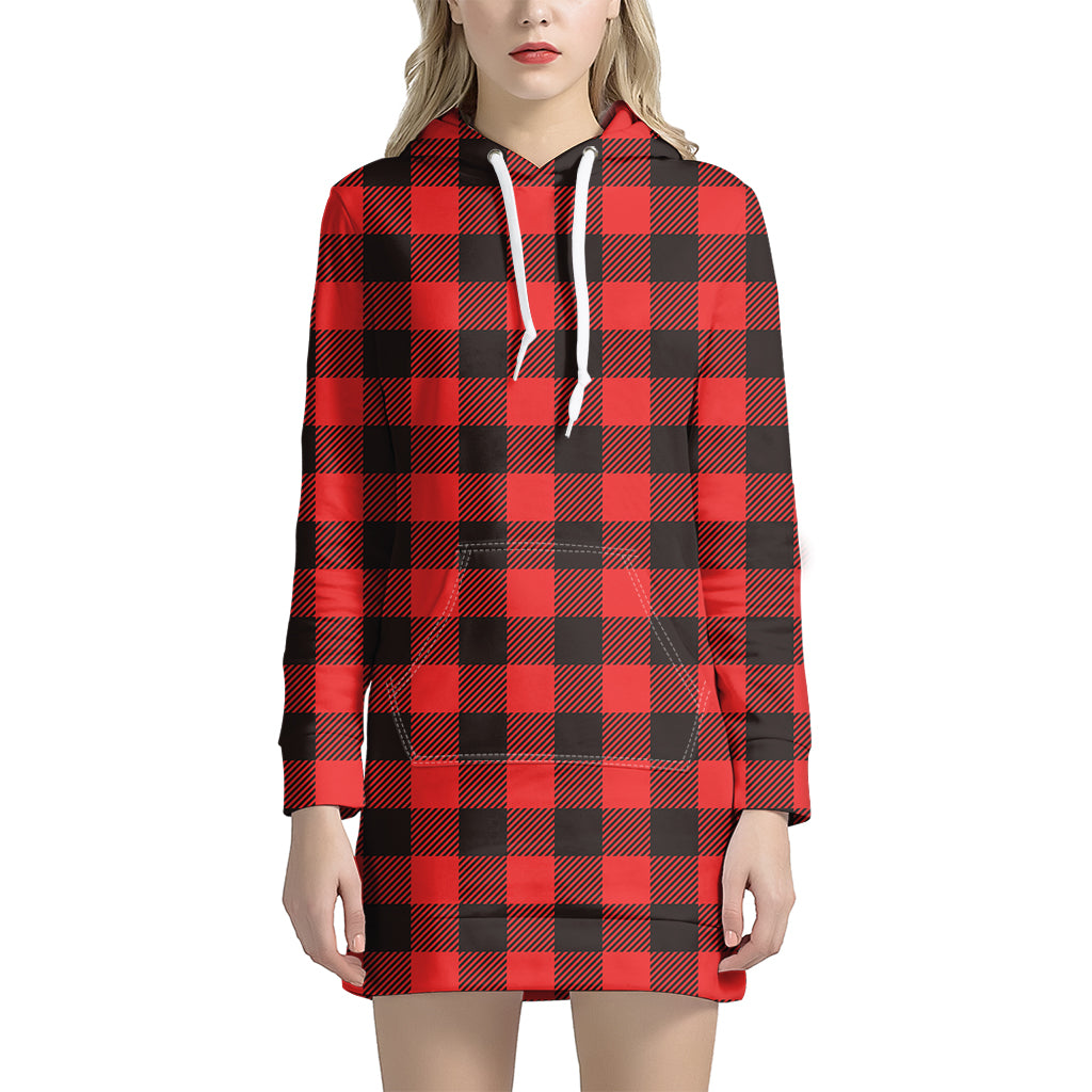 Hot Red Buffalo Plaid Print Hoodie Dress