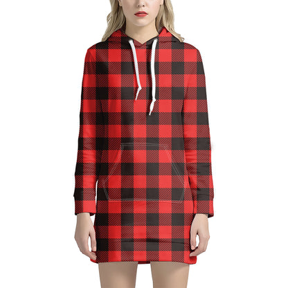 Hot Red Buffalo Plaid Print Hoodie Dress
