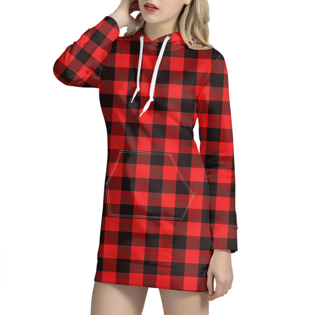 Hot Red Buffalo Plaid Print Hoodie Dress