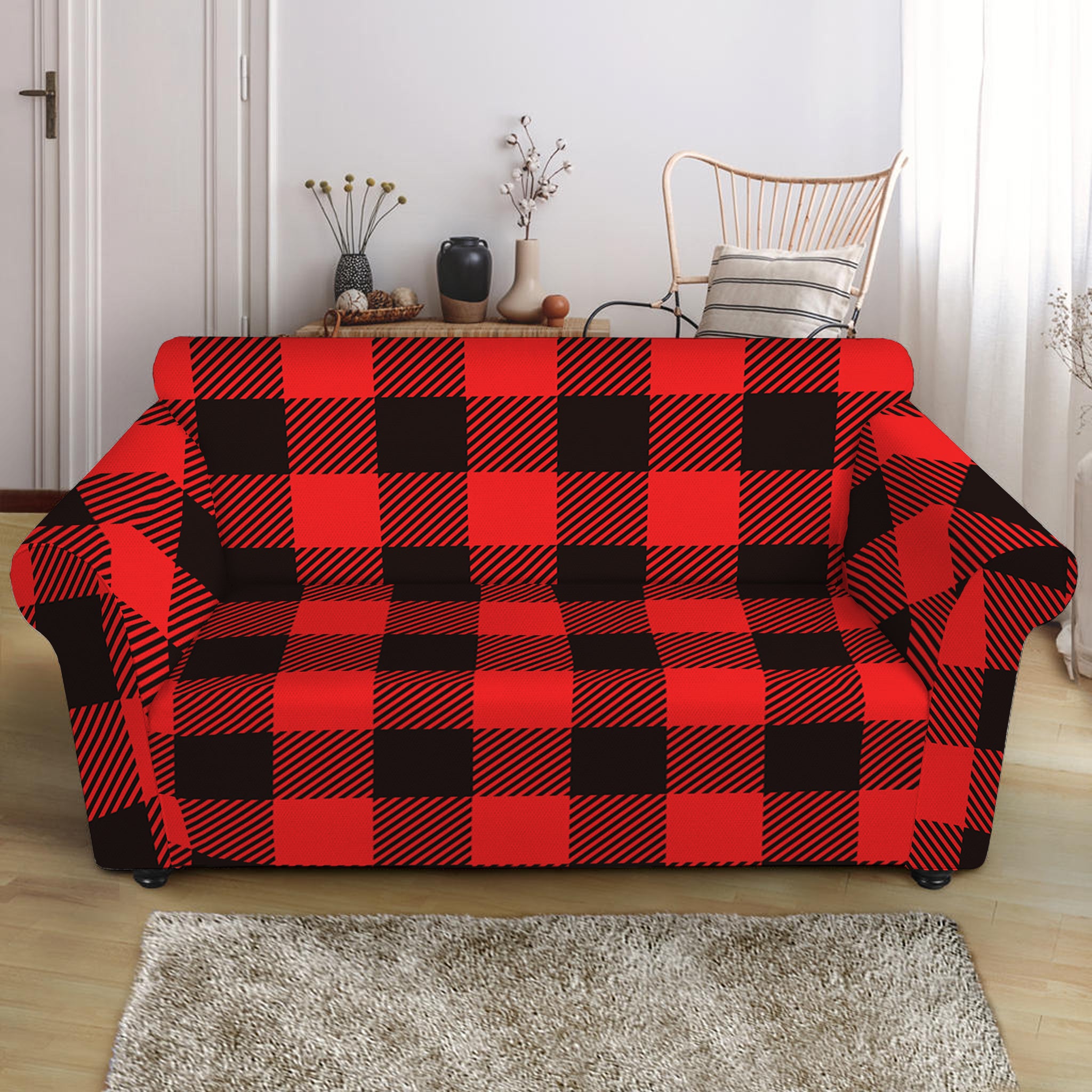 Hot Red Buffalo Plaid Print Loveseat Slipcover