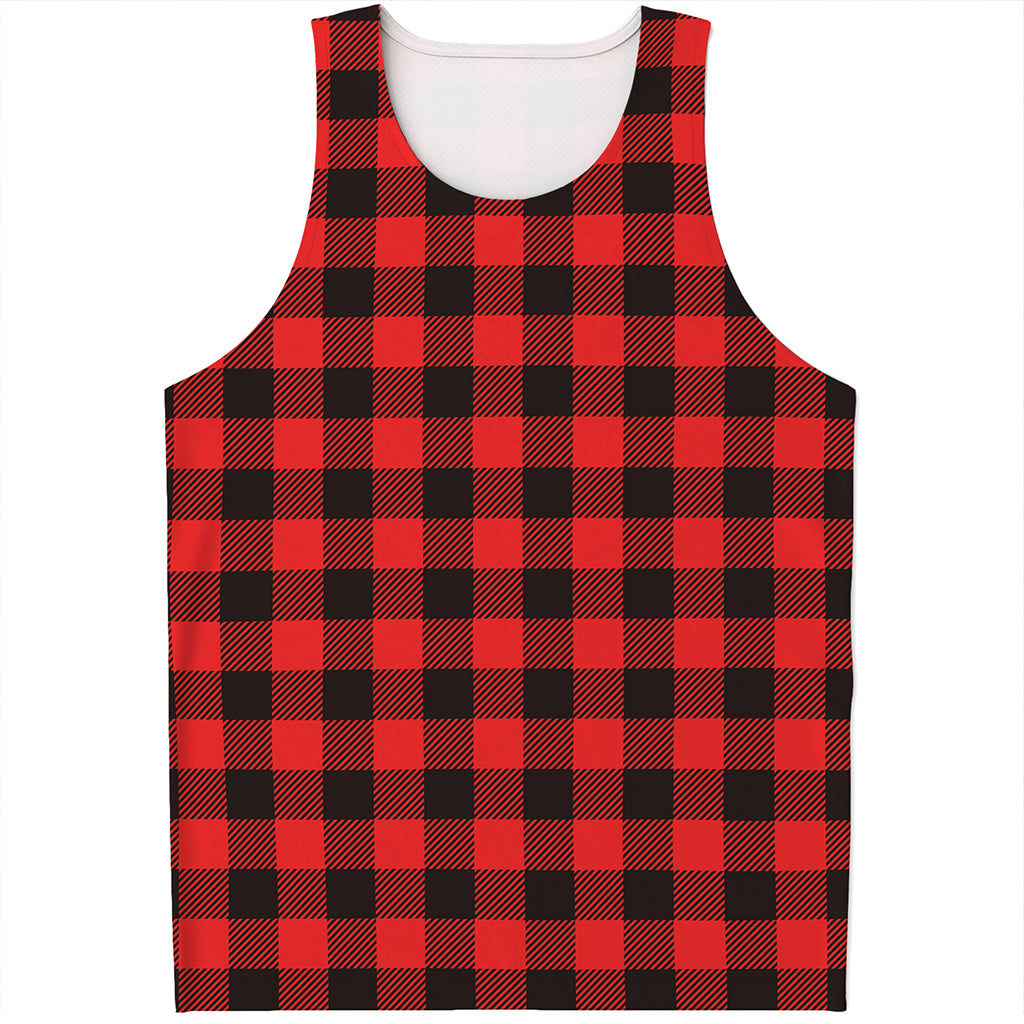 Hot Red Buffalo Plaid Print Men's Tank Top
