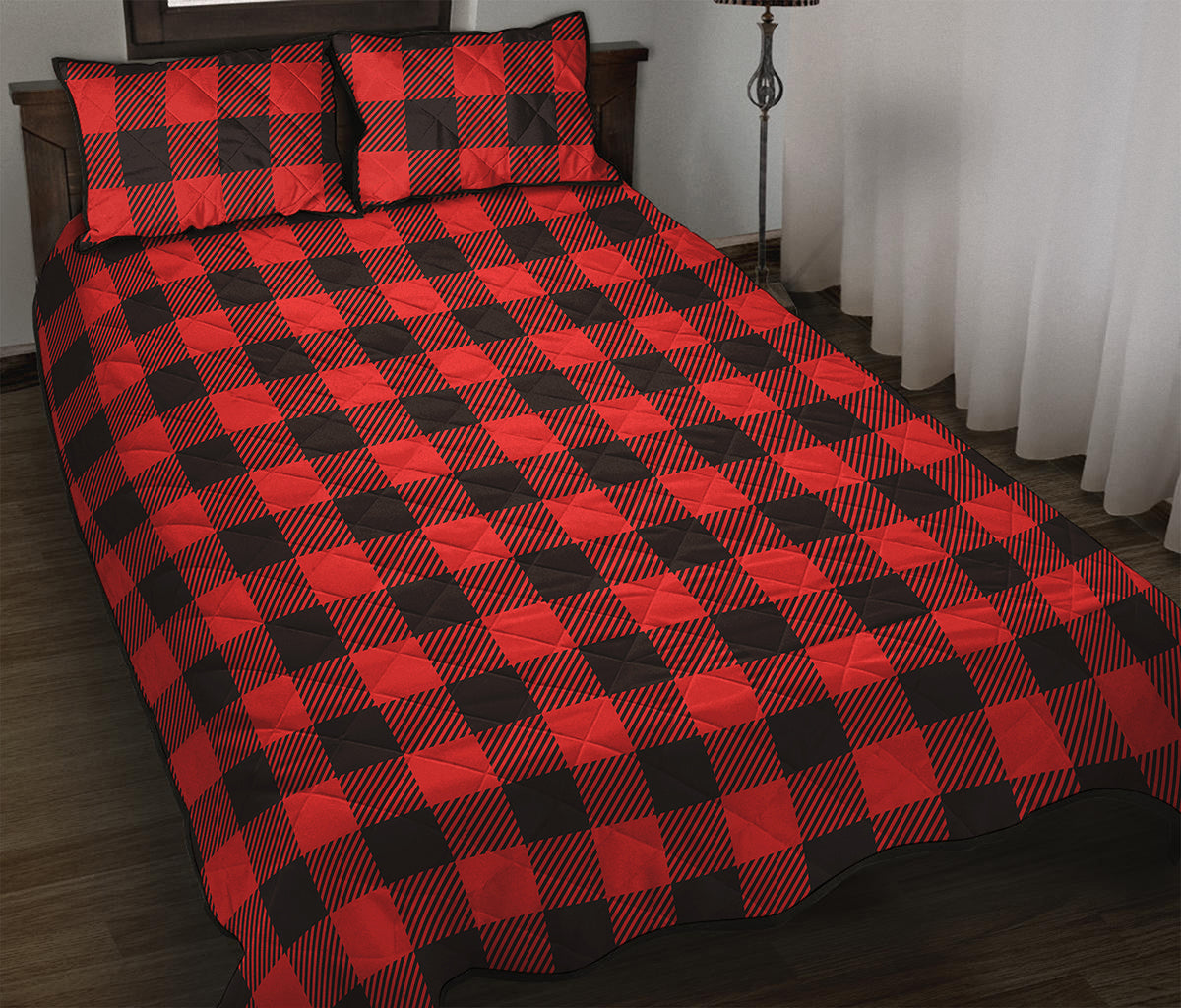 Hot Red Buffalo Plaid Print Quilt Bed Set