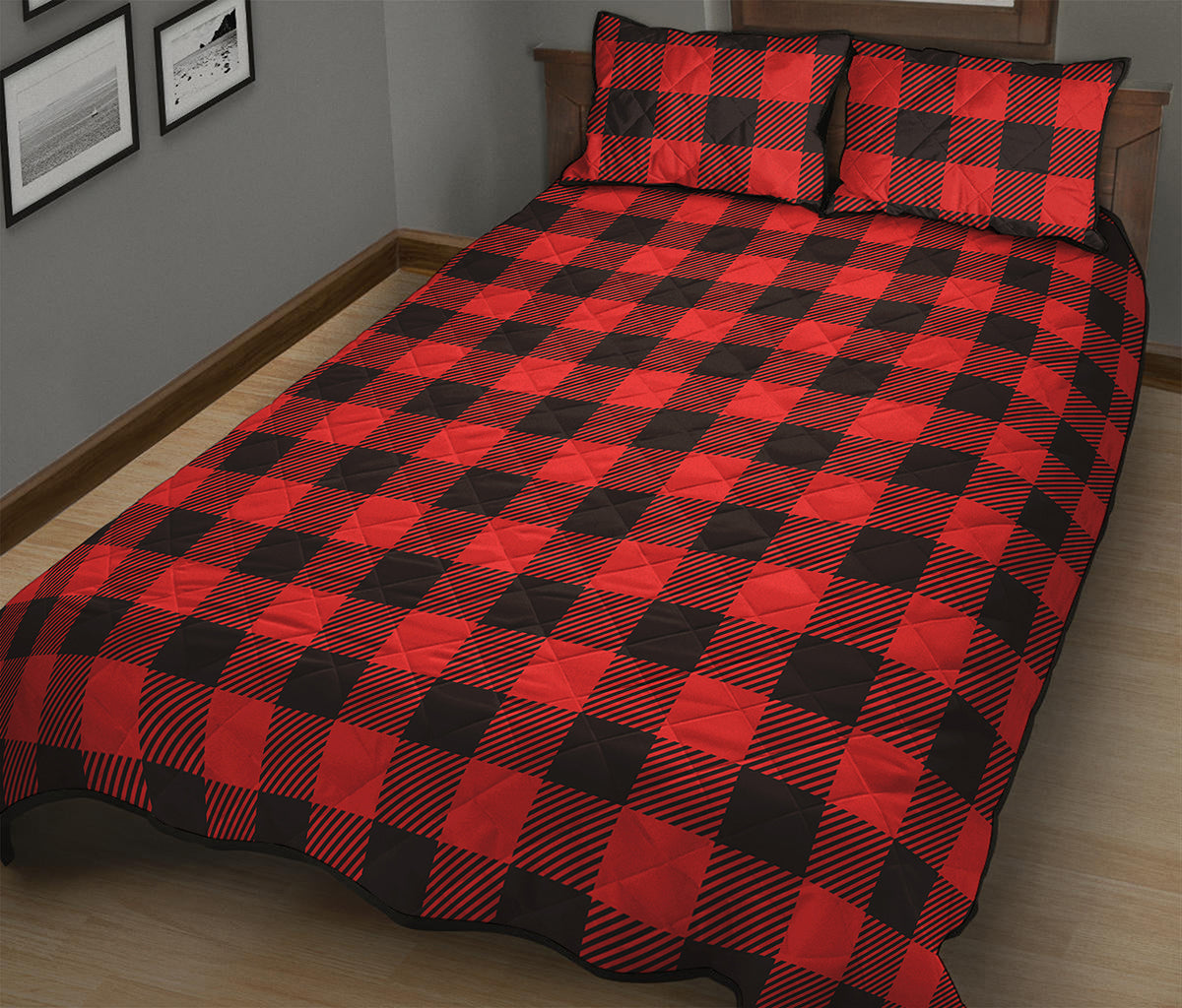 Hot Red Buffalo Plaid Print Quilt Bed Set