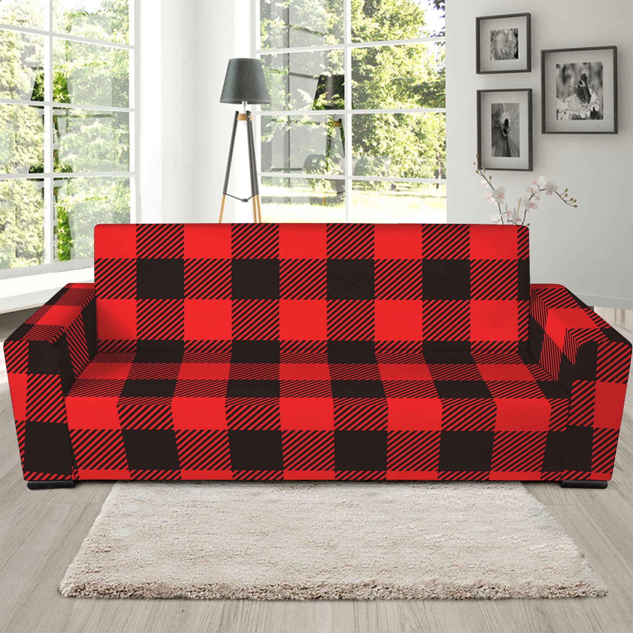 Hot Red Buffalo Plaid Print Sofa Slipcover