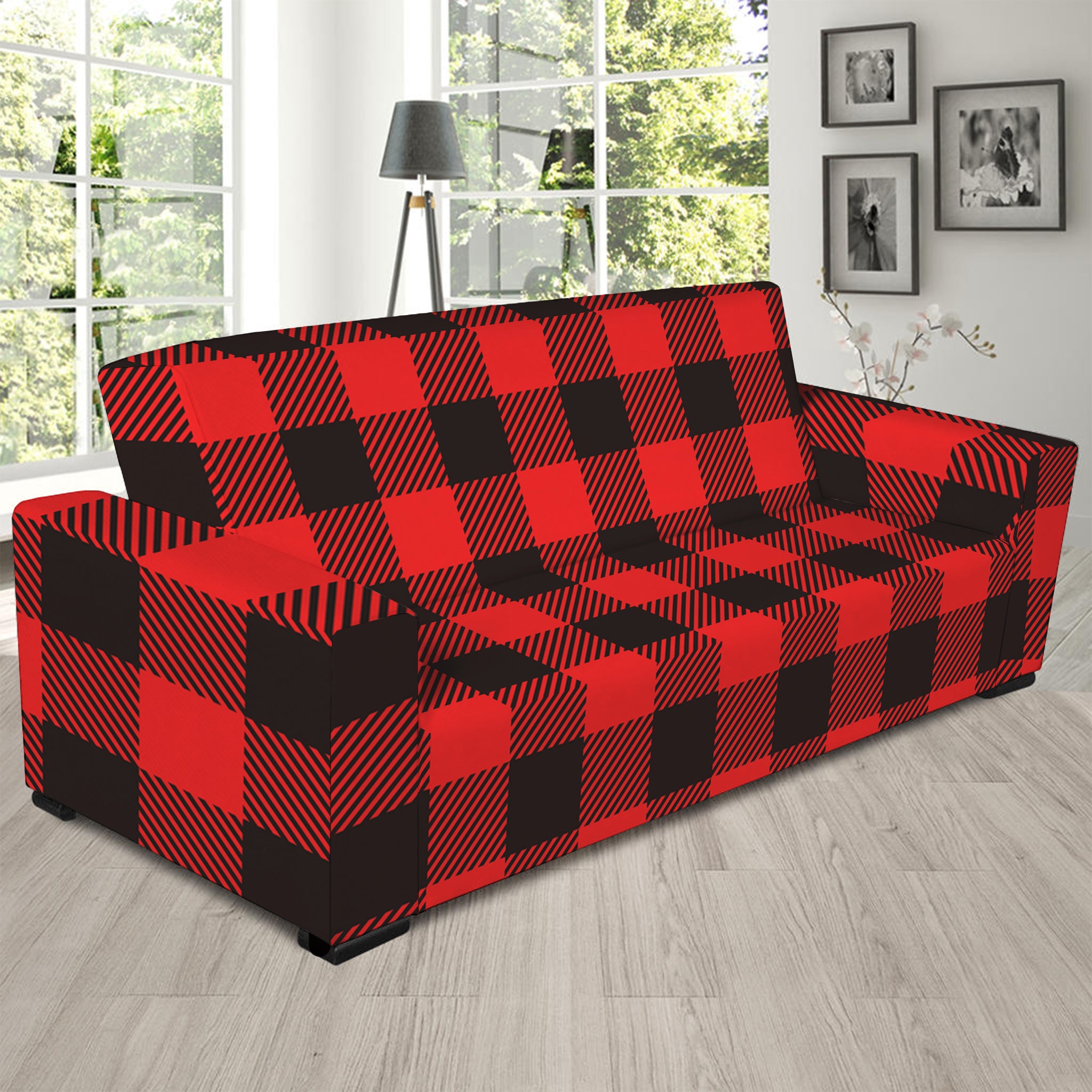 Hot Red Buffalo Plaid Print Sofa Slipcover