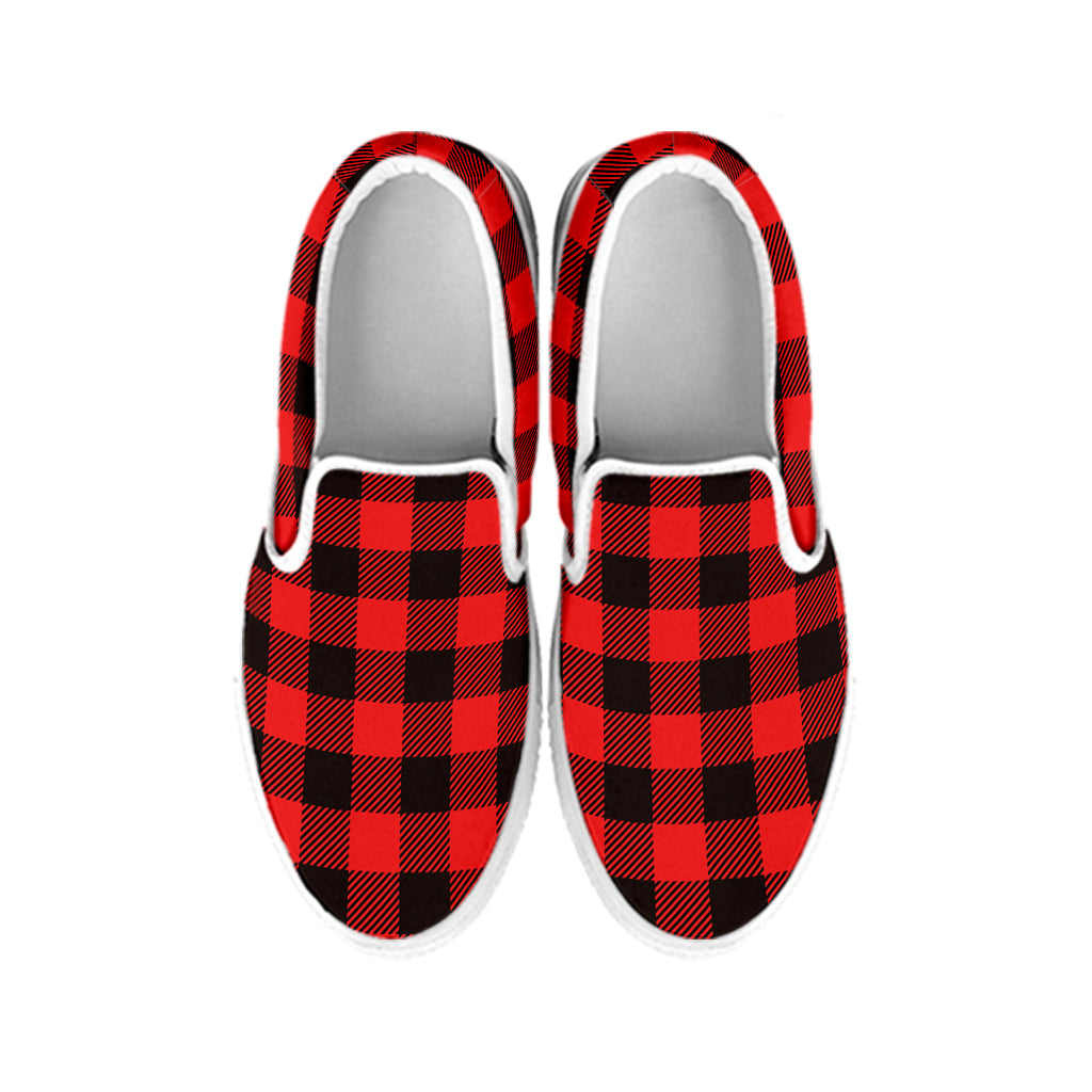 Hot Red Buffalo Plaid Print White Slip On Shoes