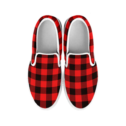 Hot Red Buffalo Plaid Print White Slip On Shoes