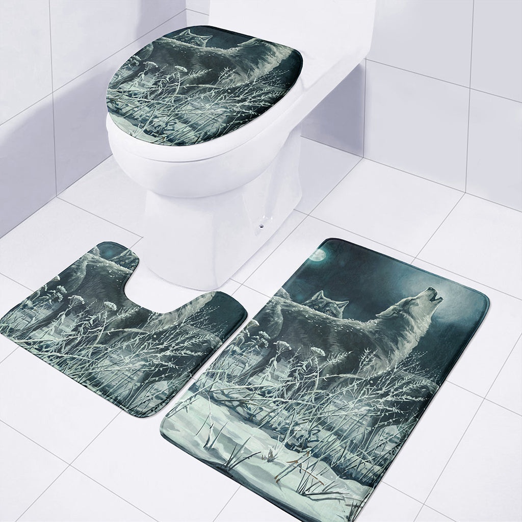 Howling Snowy Wolf Painting Print 3 Piece Bath Mat Set