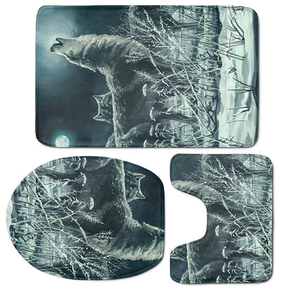 Howling Snowy Wolf Painting Print 3 Piece Bath Mat Set