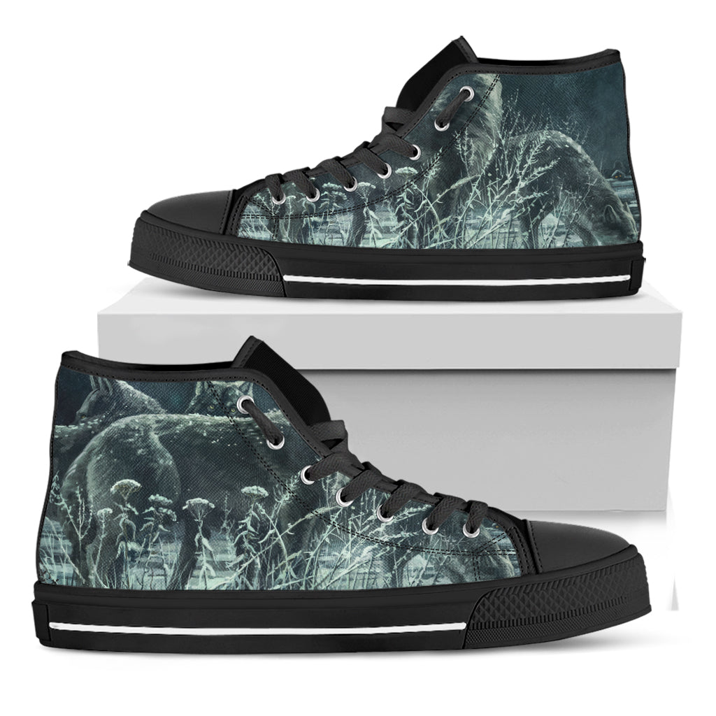 Howling Snowy Wolf Painting Print Black High Top Shoes