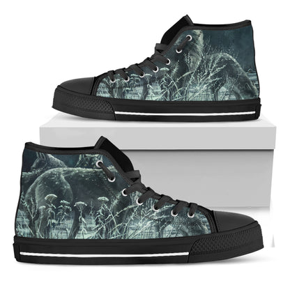 Howling Snowy Wolf Painting Print Black High Top Shoes