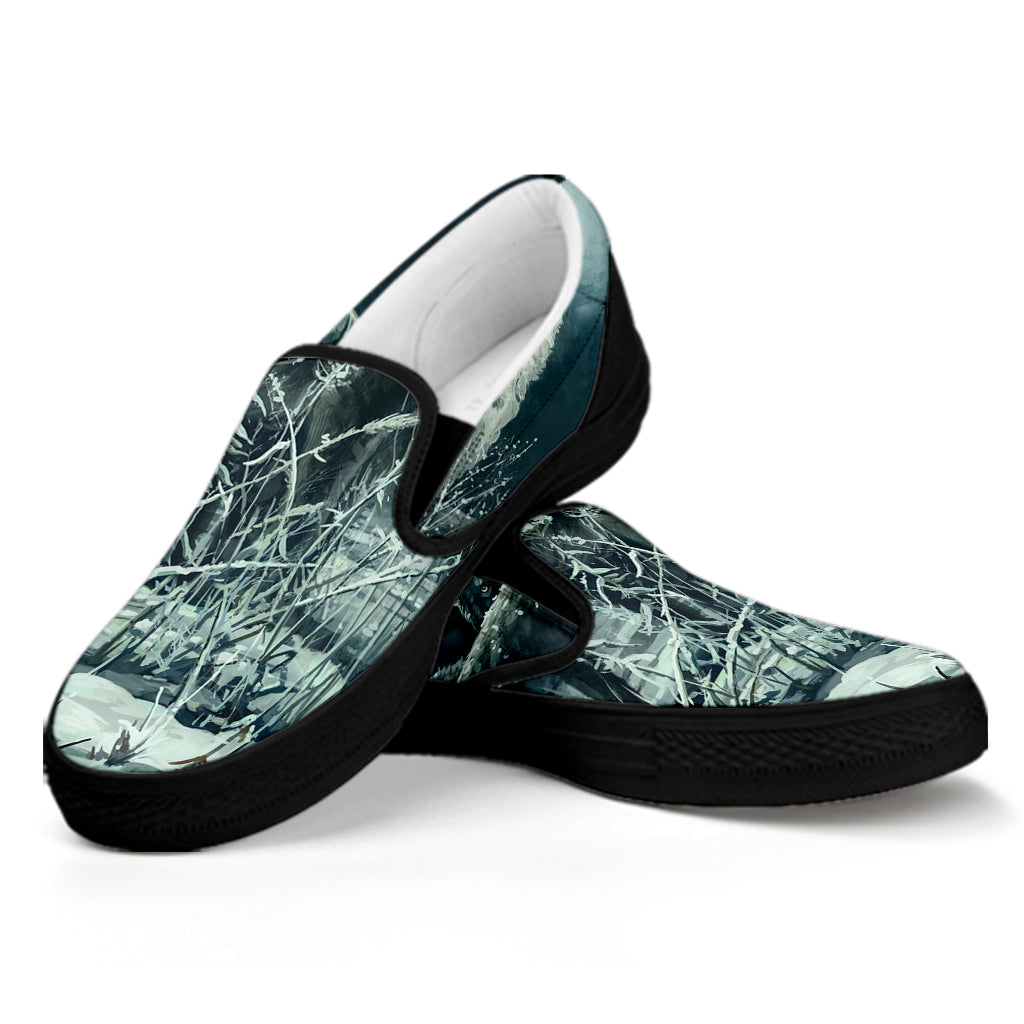 Howling Snowy Wolf Painting Print Black Slip On Shoes