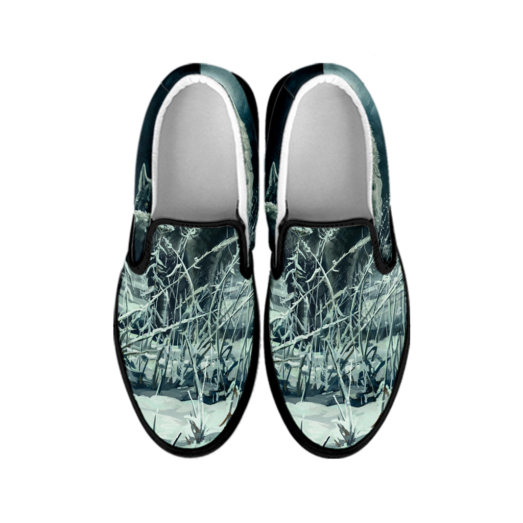 Howling Snowy Wolf Painting Print Black Slip On Shoes