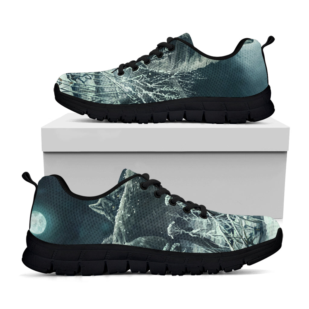 Howling Snowy Wolf Painting Print Black Sneakers