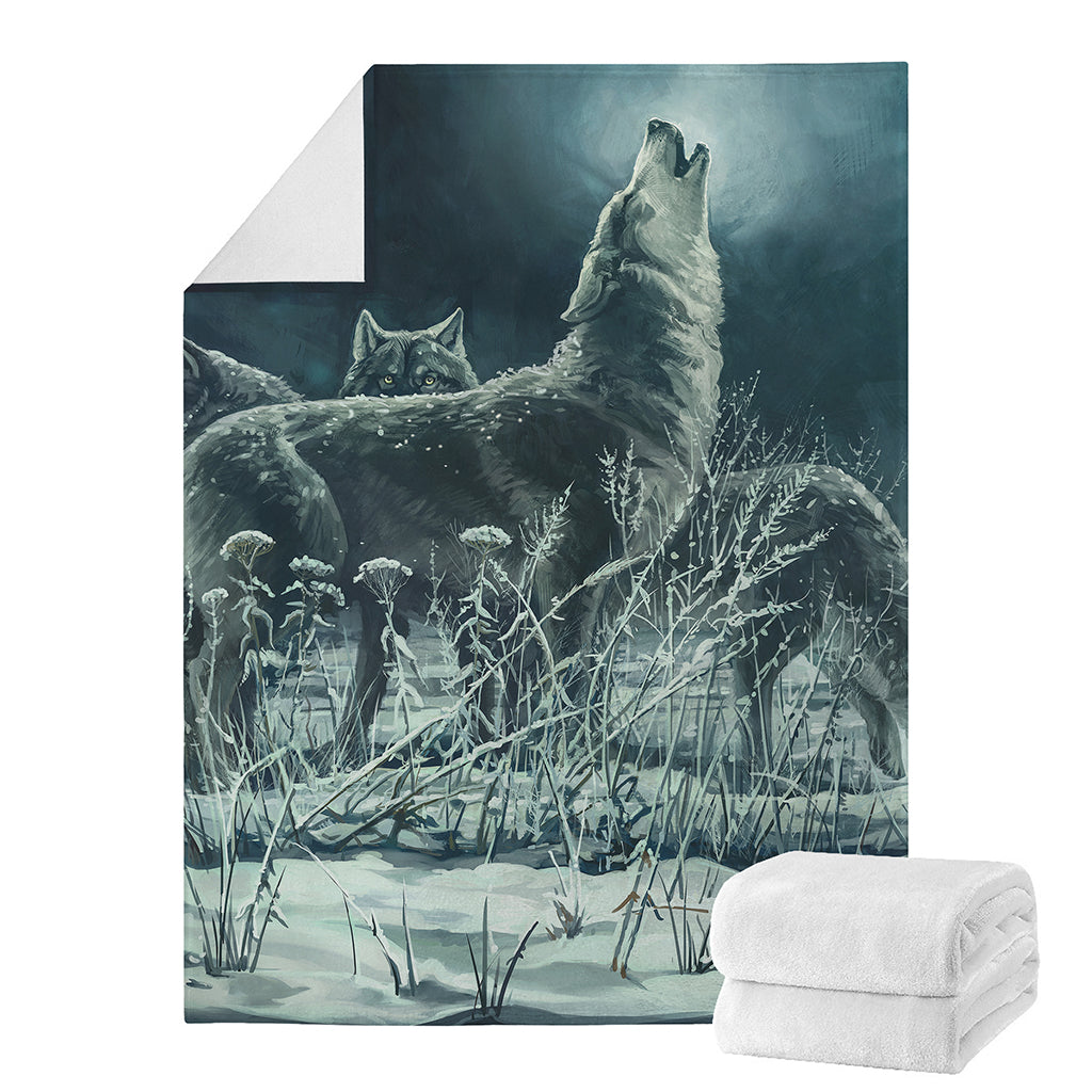 Howling Snowy Wolf Painting Print Blanket