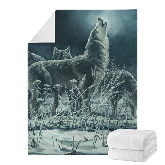 Howling Snowy Wolf Painting Print Blanket