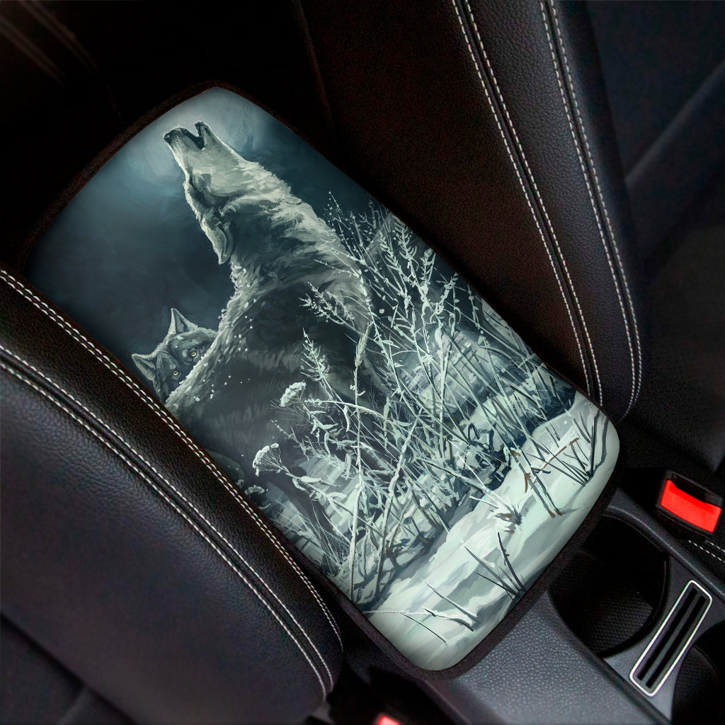 Howling Snowy Wolf Painting Print Car Center Console Cover