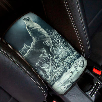 Howling Snowy Wolf Painting Print Car Center Console Cover