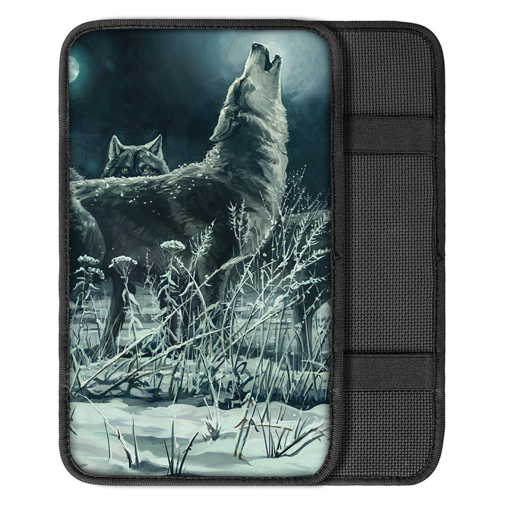 Howling Snowy Wolf Painting Print Car Center Console Cover