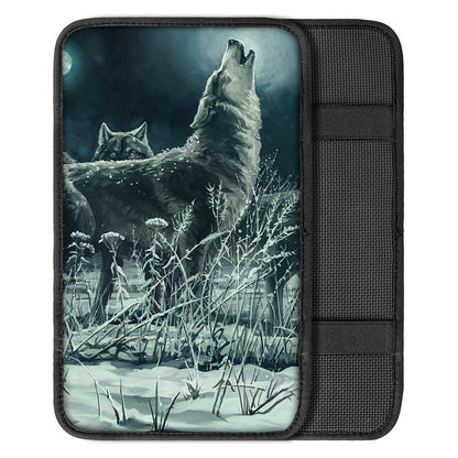 Howling Snowy Wolf Painting Print Car Center Console Cover