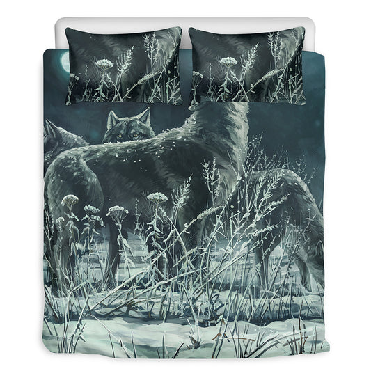 Howling Snowy Wolf Painting Print Duvet Cover Bedding Set