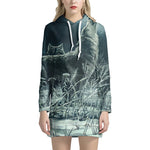 Howling Snowy Wolf Painting Print Hoodie Dress