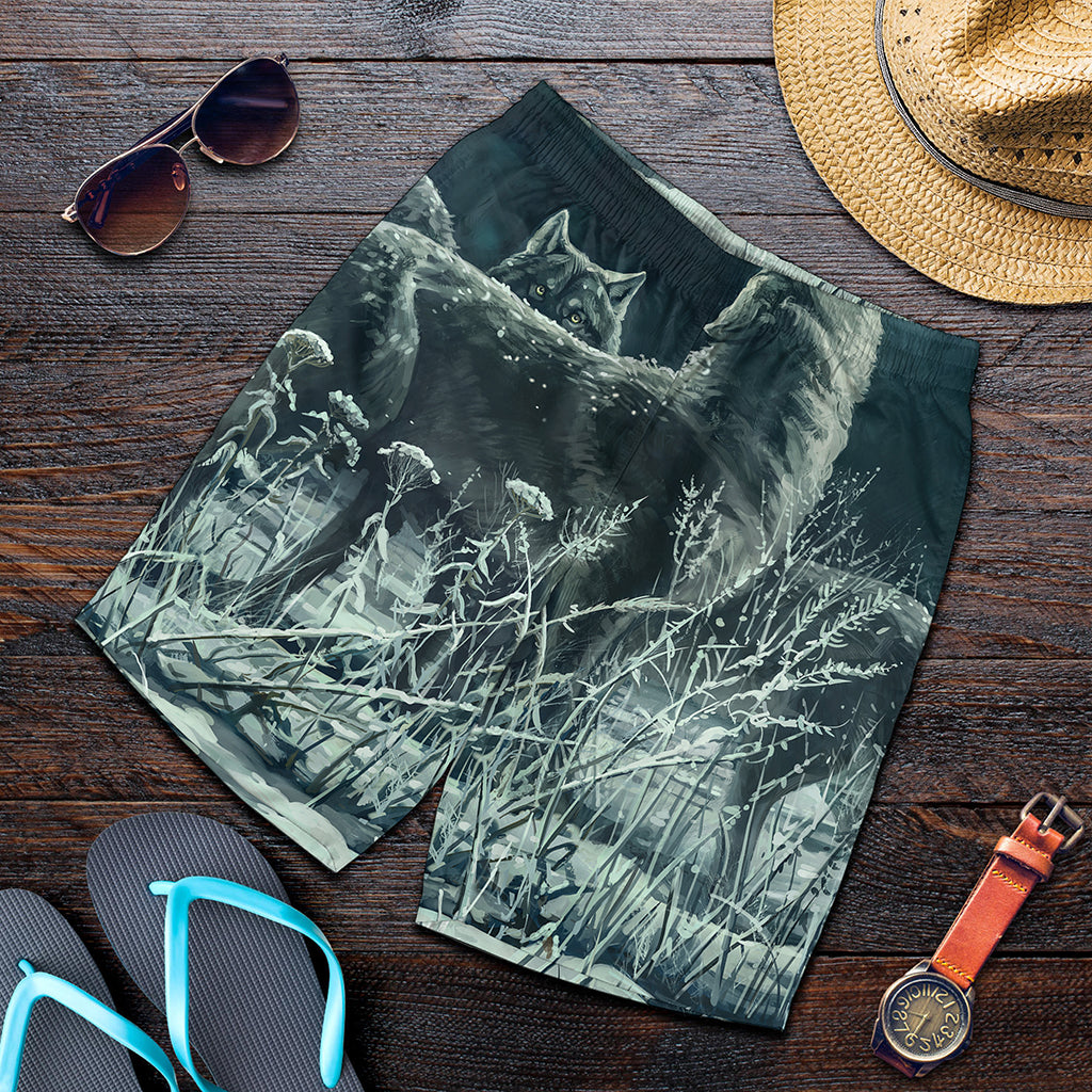 Howling Snowy Wolf Painting Print Men's Shorts