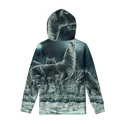 Howling Snowy Wolf Painting Print Pullover Hoodie