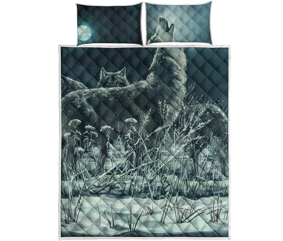 Howling Snowy Wolf Painting Print Quilt Bed Set