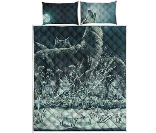 Howling Snowy Wolf Painting Print Quilt Bed Set