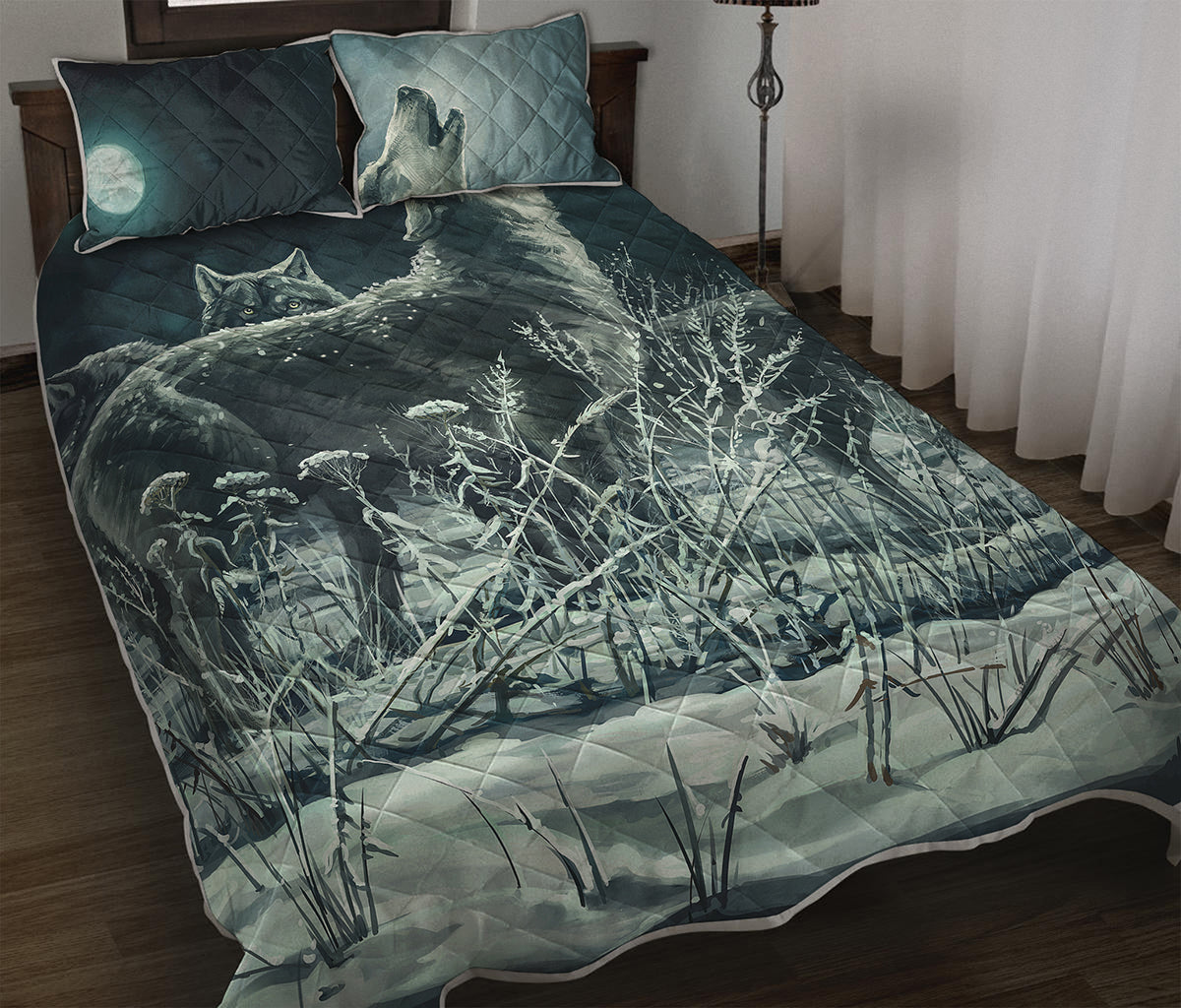 Howling Snowy Wolf Painting Print Quilt Bed Set