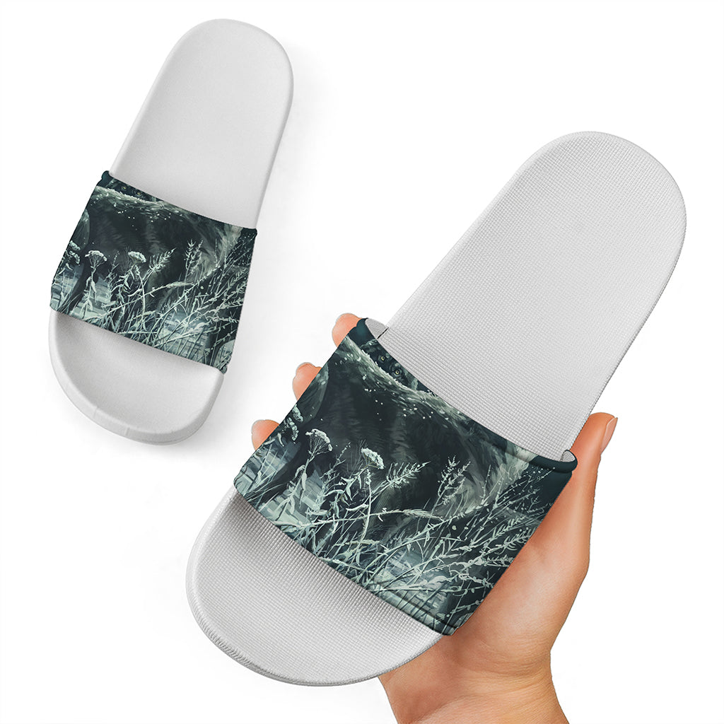 Howling Snowy Wolf Painting Print White Slide Sandals