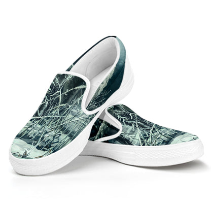Howling Snowy Wolf Painting Print White Slip On Shoes