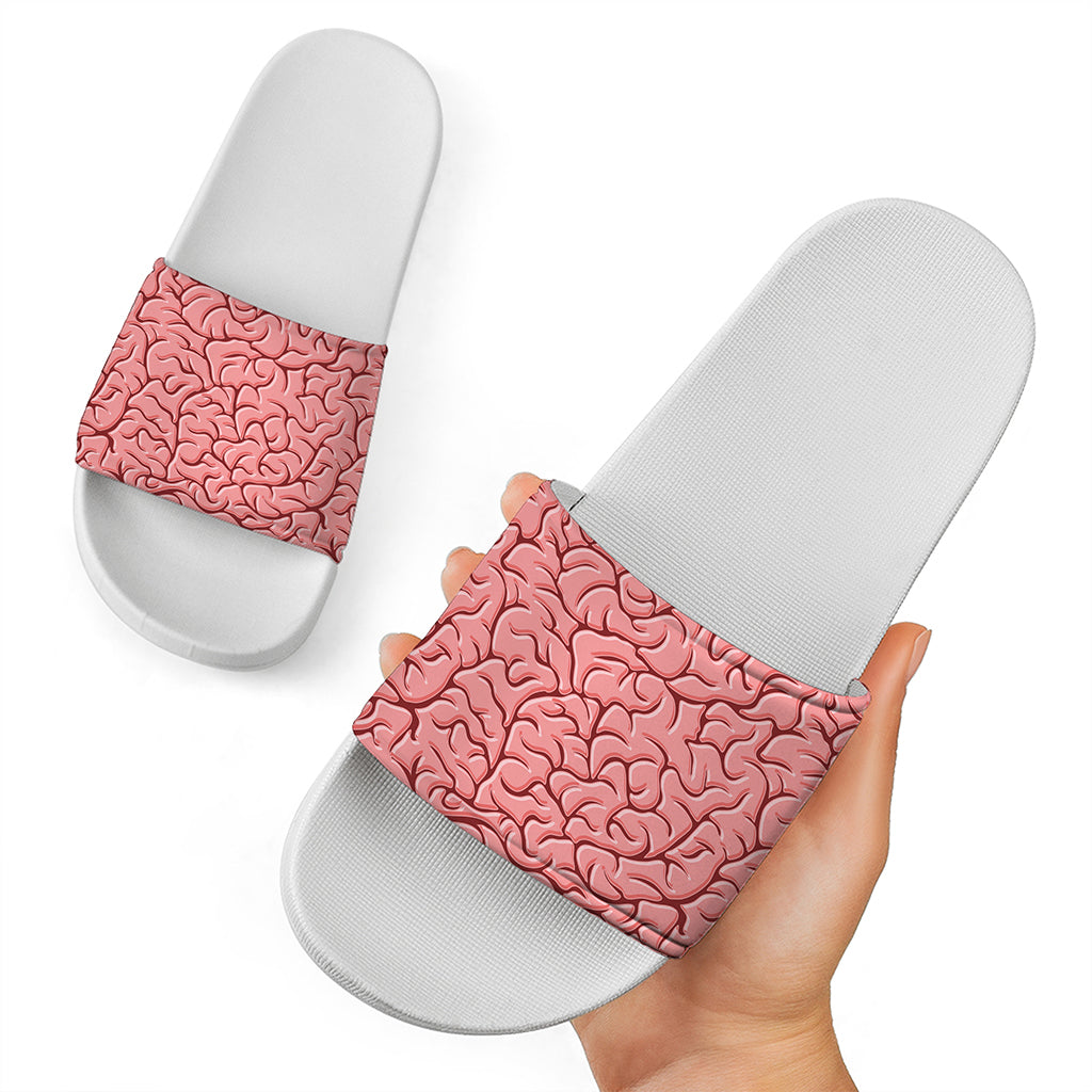 Human Brain Print White Slide Sandals