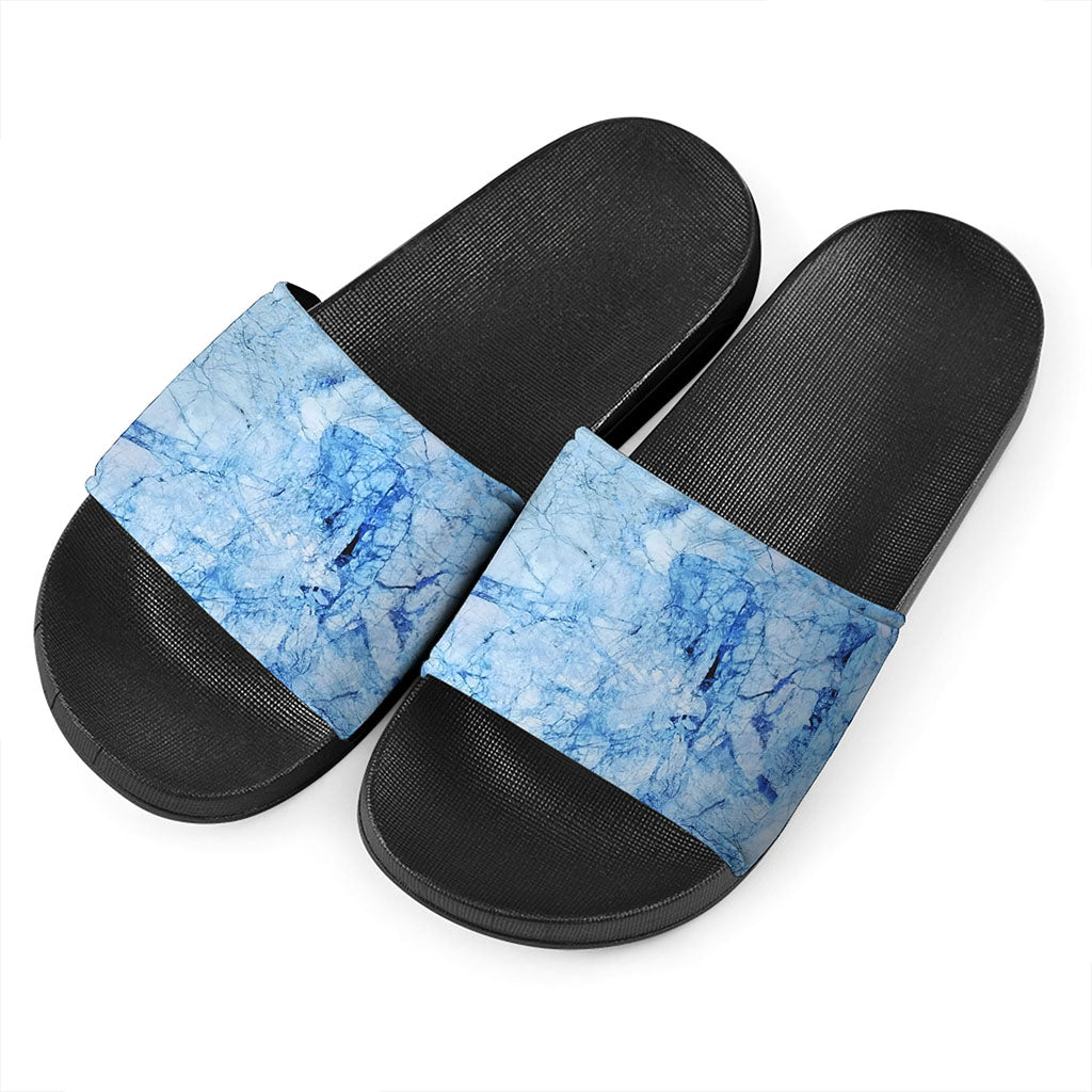 Ice Blue Marble Print Black Slide Sandals