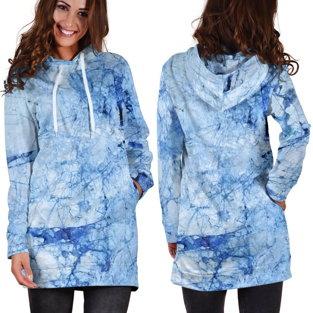 Ice Blue Marble Print Hoodie Dress GearFrost