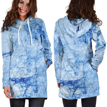 Ice Blue Marble Print Hoodie Dress GearFrost
