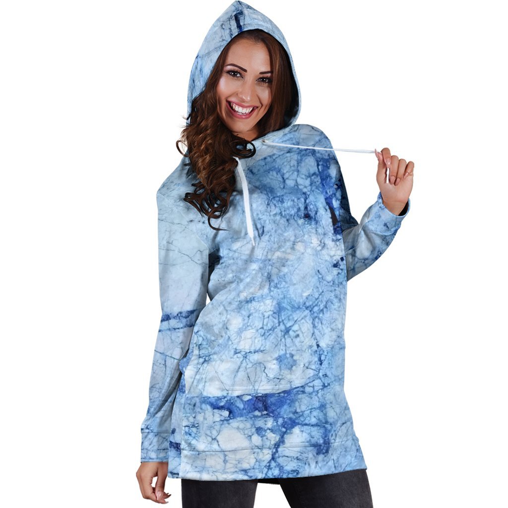 Ice Blue Marble Print Hoodie Dress GearFrost