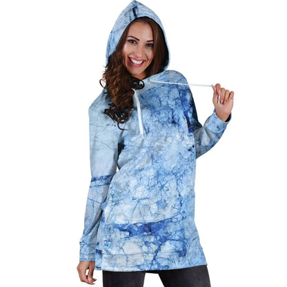 Ice Blue Marble Print Hoodie Dress GearFrost