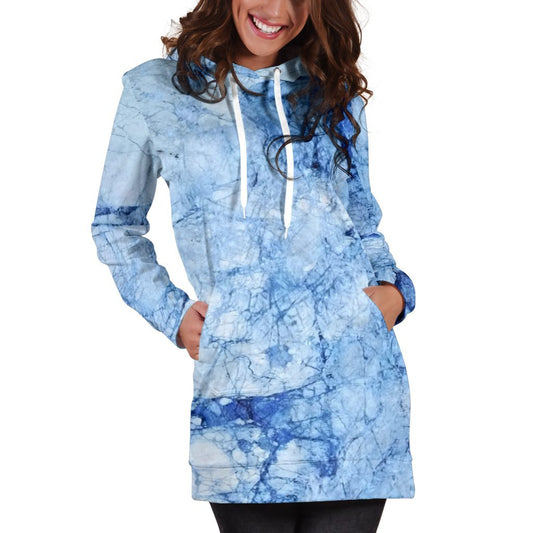 Ice Blue Marble Print Hoodie Dress GearFrost