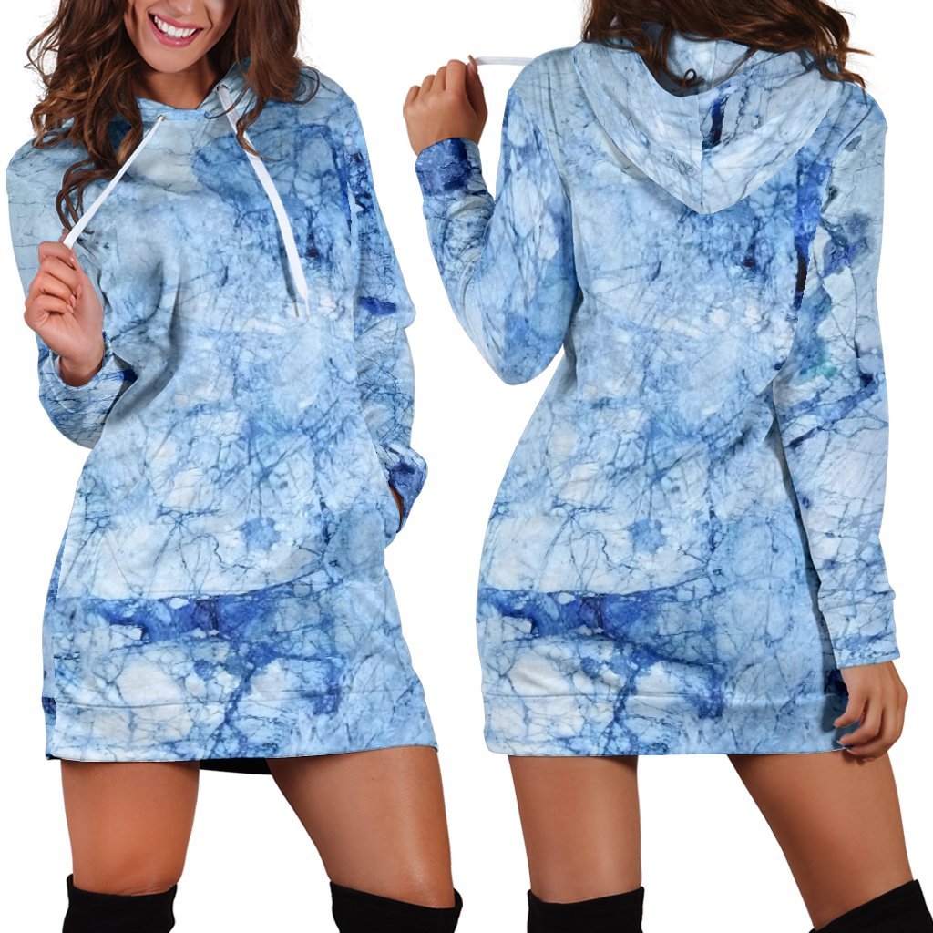 Ice Blue Marble Print Hoodie Dress GearFrost